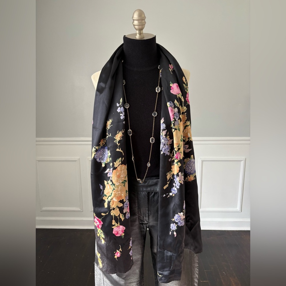 nkl Floral Black Silk Vintage Scarf